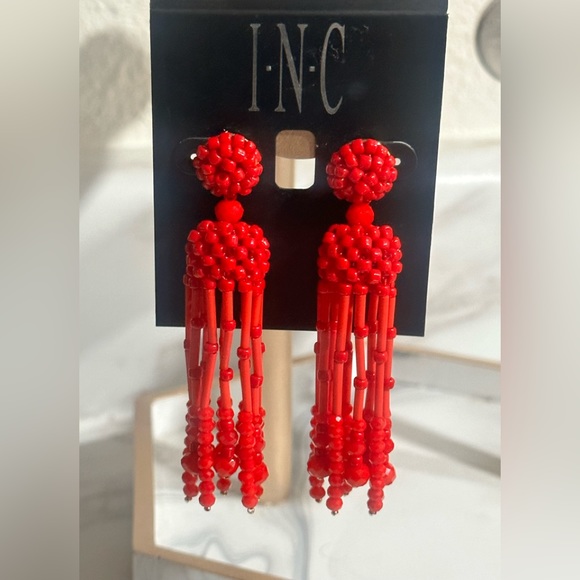 INC International Concepts Jewelry - INC International Concepts Beaded Tassel Linear Women's Earrings, Red